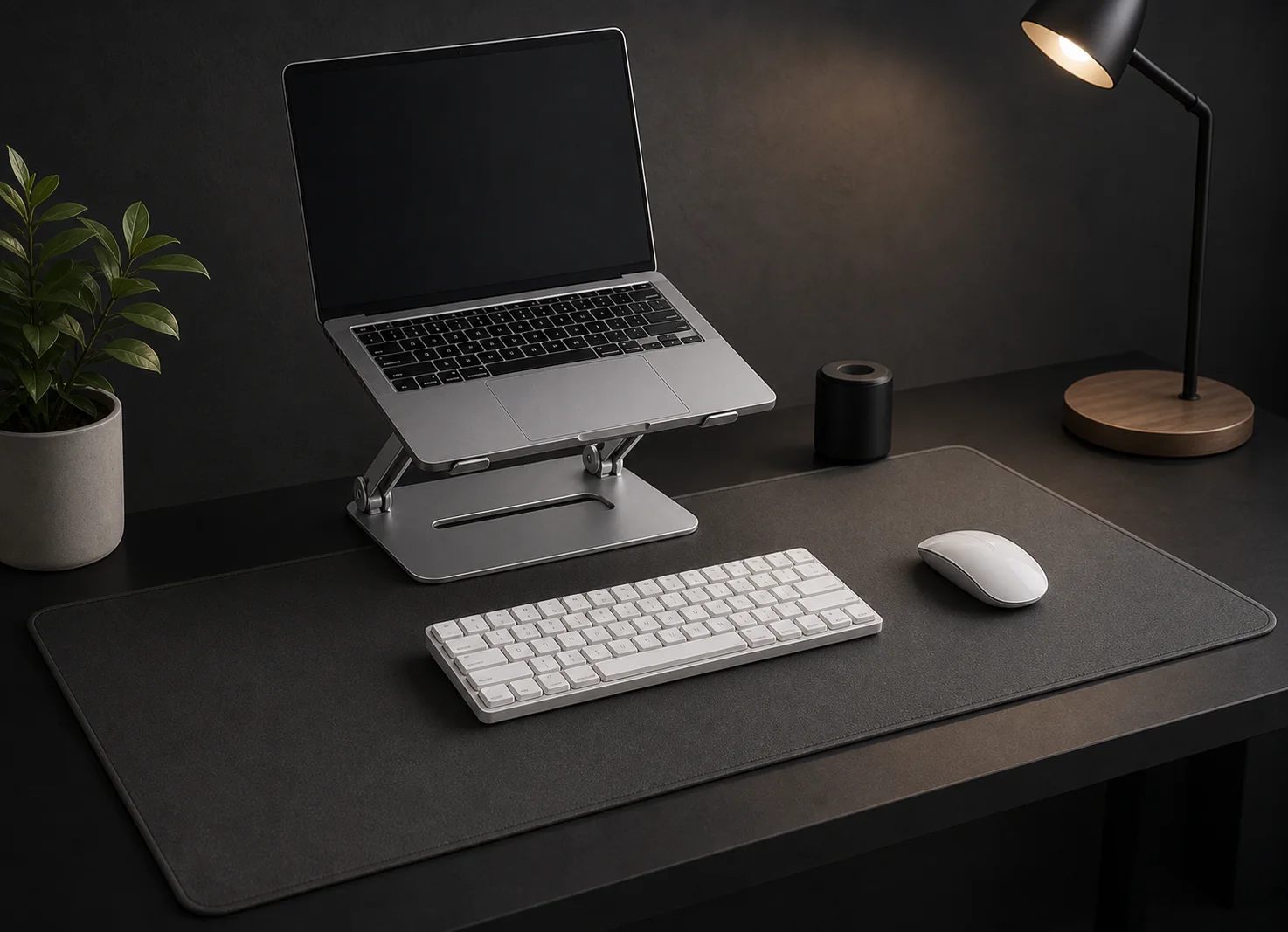 Góc làm việc GATIK với laptop trên giá đỡ và các phụ kiện bàn làm việc