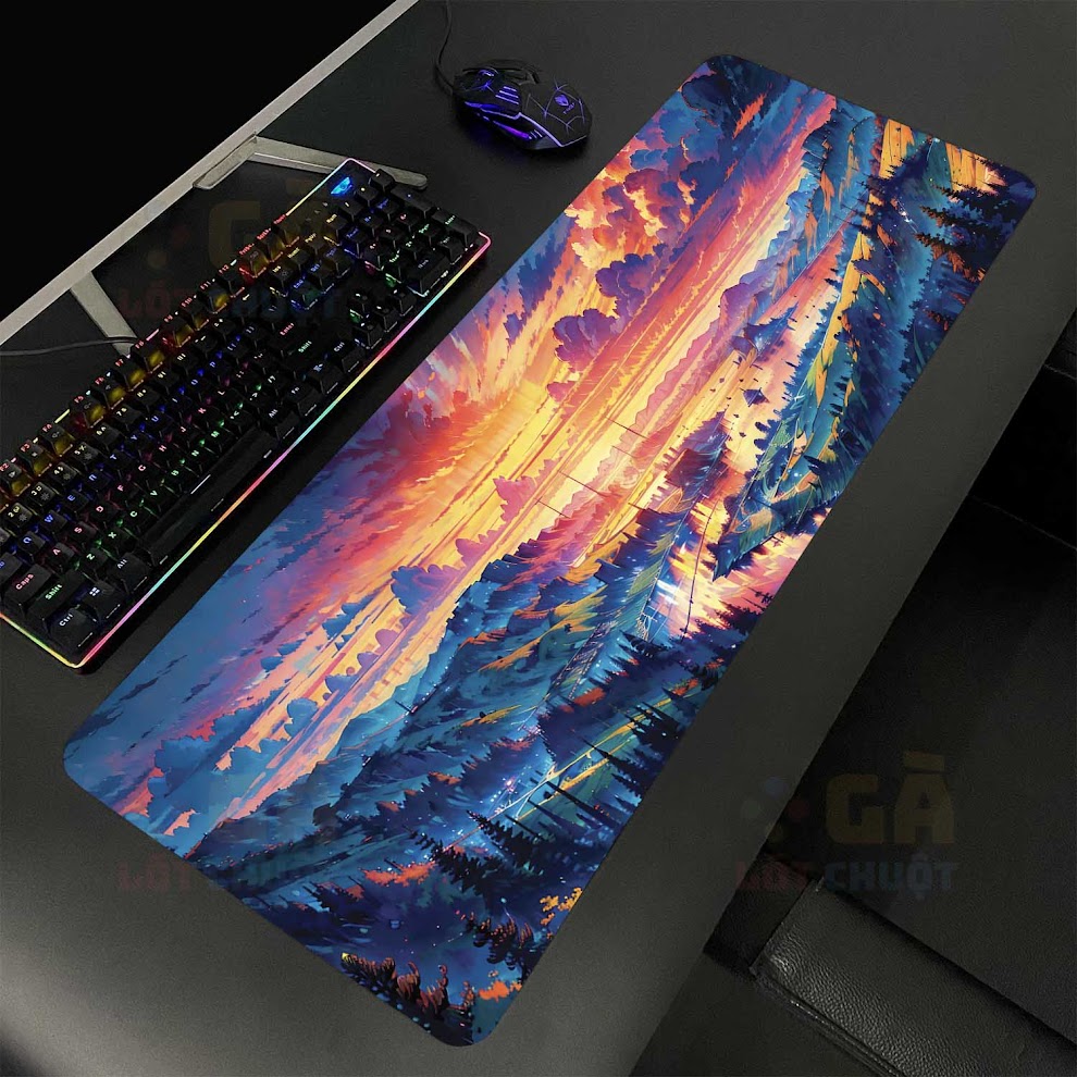 Lót chuột cỡ lớn 80x30 Phong cảnh CÂY THÔNG, Hoàng Hôn, dòng sông cho gaming setup