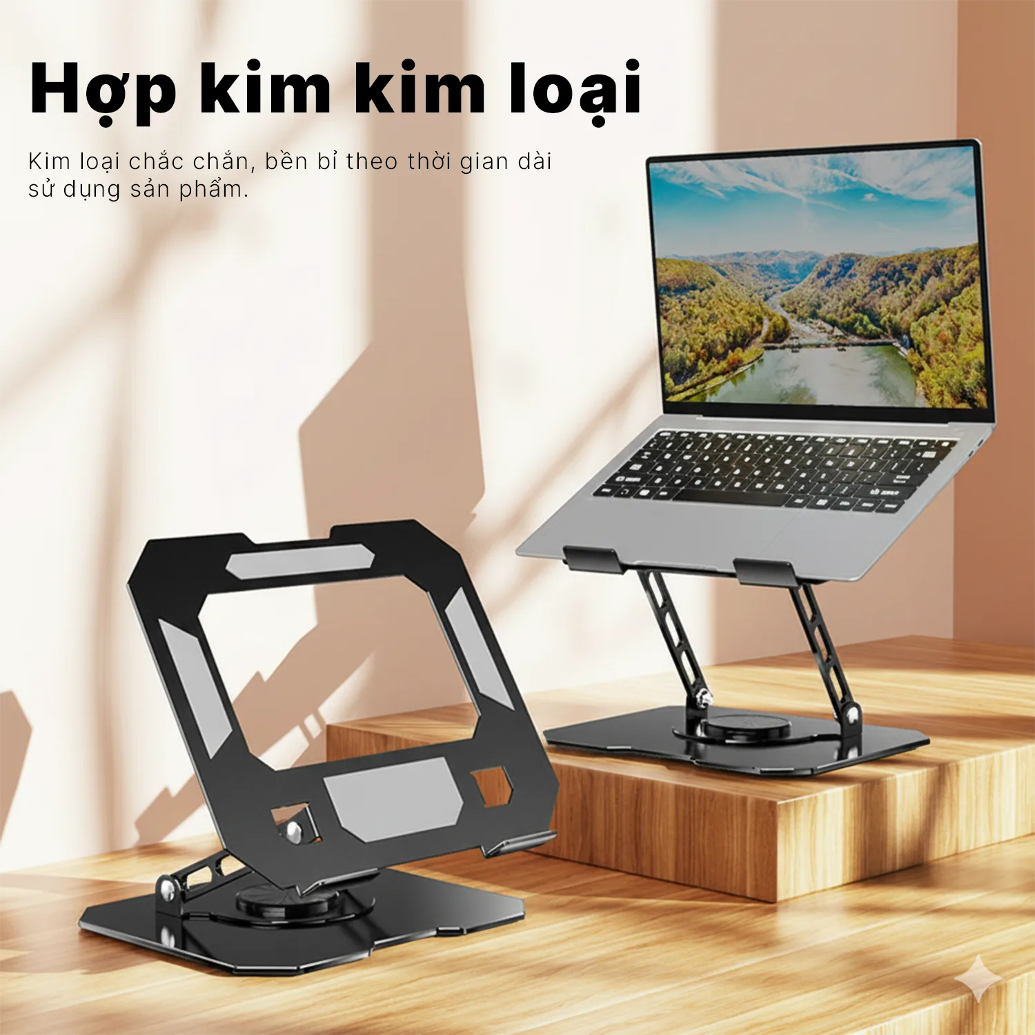 giá đỡ laptop nhôm trong setup bàn làm việc gọn