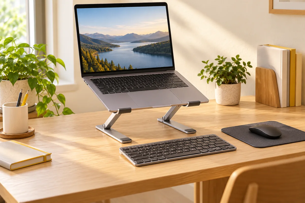 Minh họa AI laptop trên giá đỡ với bàn phím rời và vùng chuột phía trước