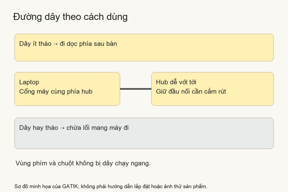 Sơ đồ phân vùng dây ít tháo, hub dễ cắm và dây theo laptop mang đi