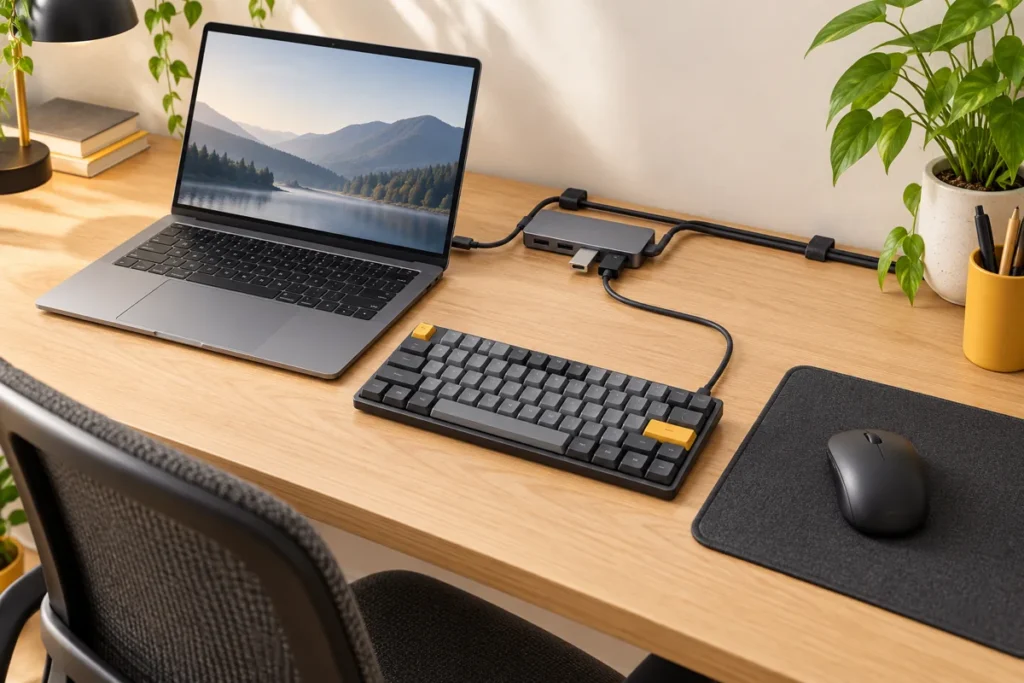 Minh họa AI vị trí hub cạnh laptop và đường dây dọc mép sau bàn nhỏ