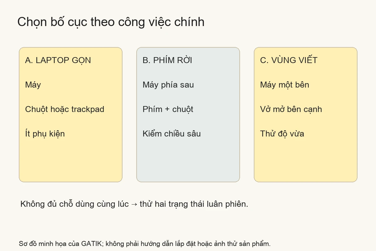 Sơ đồ ba lựa chọn bố cục góc làm việc nhỏ theo công việc chính