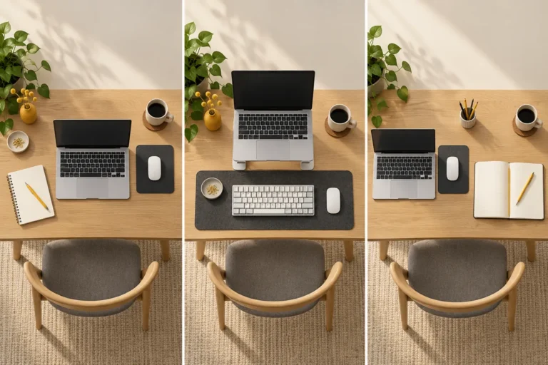 Minh họa AI ba bố cục bàn nhỏ cho laptop, bàn phím rời và vùng viết tay