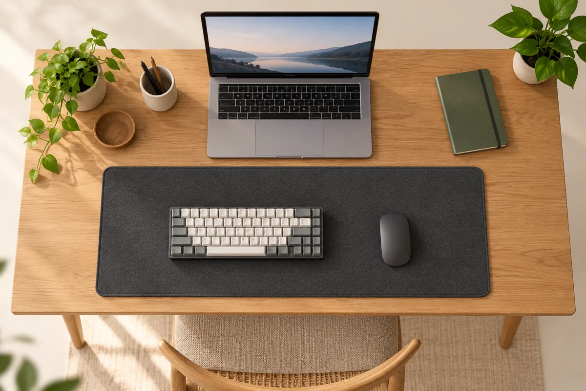 Minh họa AI bố cục bàn nhỏ có deskmat, bàn phím, chuột và laptop phía sau