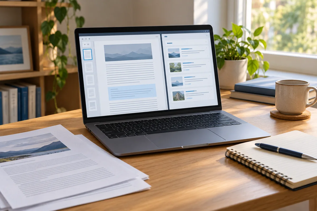 Minh họa AI laptop mở tài liệu PDF cạnh sổ ghi chú để đối chiếu nguồn