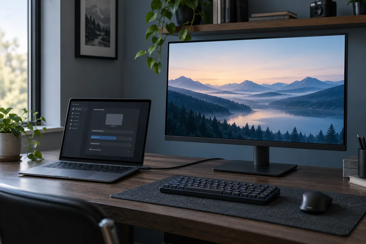 Minh họa AI laptop kết nối màn hình rời để kiểm tra cài đặt hiển thị