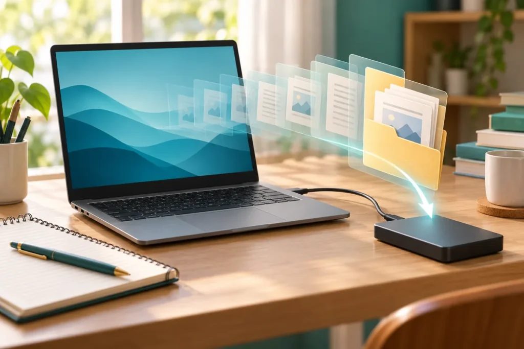 Ảnh AI minh họa laptop và ổ lưu trữ ngoài với nhiều phiên bản tệp; không phải giao diện Windows hay thiết bị đã thử