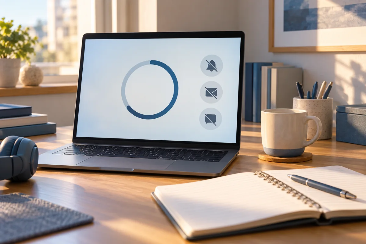 Minh họa AI laptop với đồng hồ đếm phiên tập trung và biểu tượng thông báo tắt tiếng