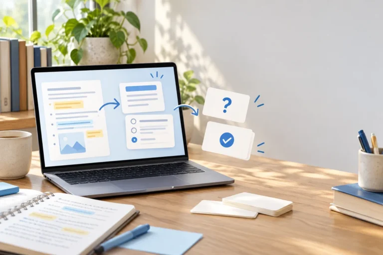 Ảnh AI minh họa laptop và thẻ hỏi đáp trừu tượng trên bàn học; không phải giao diện Gemini Notebook hoặc trải nghiệm thật