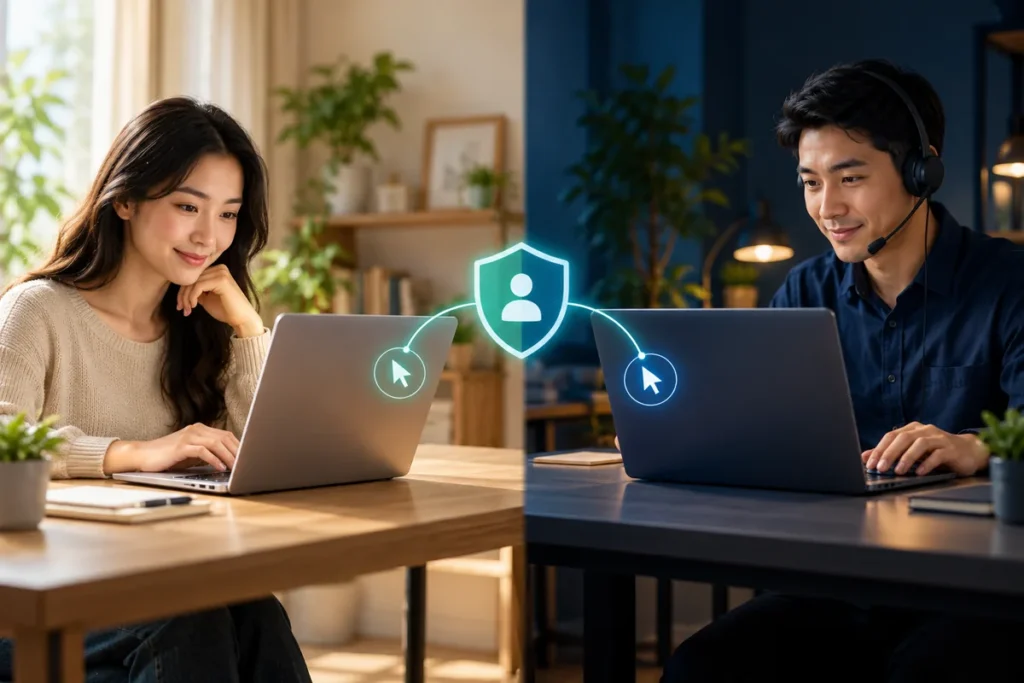 Ảnh AI minh họa hai người ở xa dùng laptop và biểu tượng đồng ý kết nối; không phải giao diện Quick Assist hay phiên thử thực tế