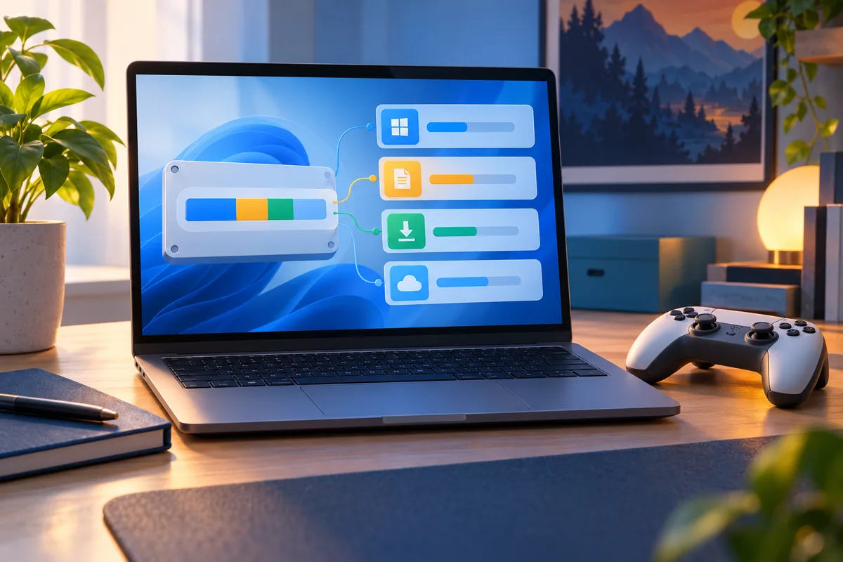 Minh họa AI laptop và tay cầm game cạnh các thanh dung lượng lưu trữ trừu tượng