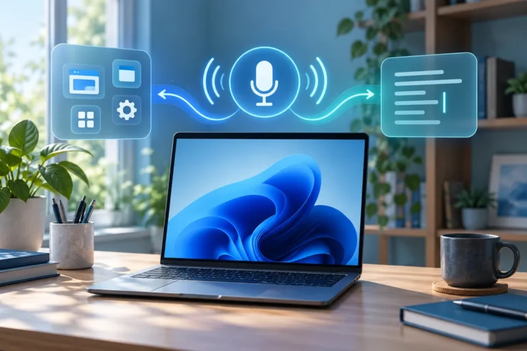 Ảnh AI minh họa laptop với micro và hai hướng điều khiển ứng dụng hoặc nhập văn bản; không phải giao diện Windows thật