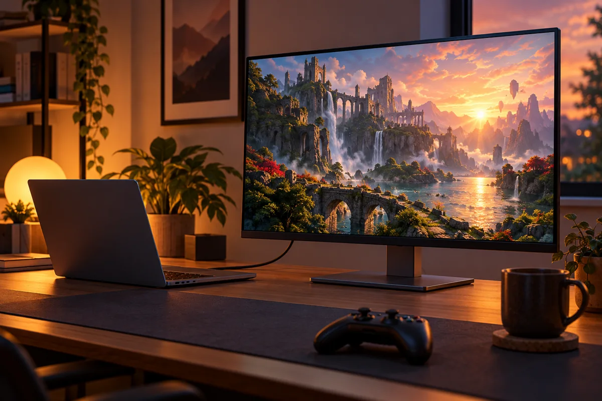 Minh họa AI laptop nối màn hình chơi game giả tưởng trên bàn, không phải ảnh chụp HDR thực tế
