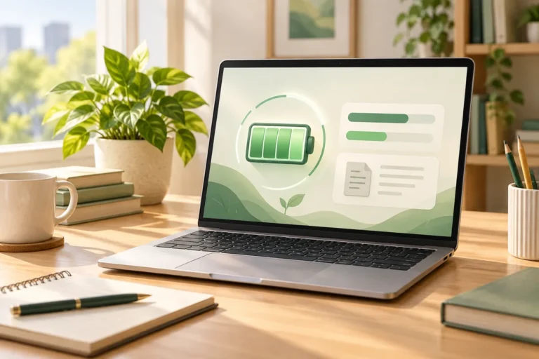 Ảnh AI minh họa laptop với biểu tượng pin và thẻ báo cáo trừu tượng; không phải giao diện Windows hay kết quả thử pin thực tế