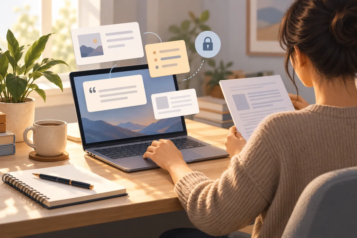 Minh họa AI người dùng laptop ghi chú với các thẻ nội dung sao chép trừu tượng và biểu tượng khóa