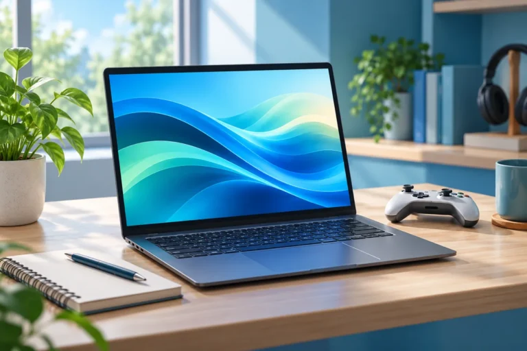 Ảnh AI minh họa laptop trên bàn học và dải màu chuyển động; không phải giao diện Windows hay phép đo màn hình
