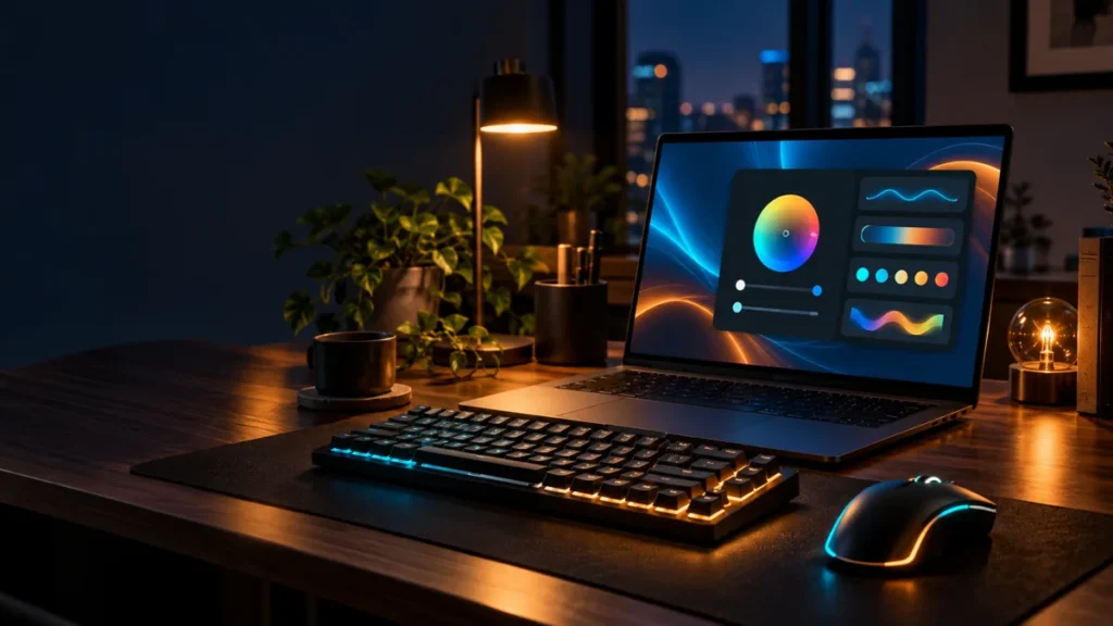 Ảnh AI minh họa laptop với bàn phím và chuột RGB màu xanh cam; không phải giao diện Windows hay thiết bị đã thử