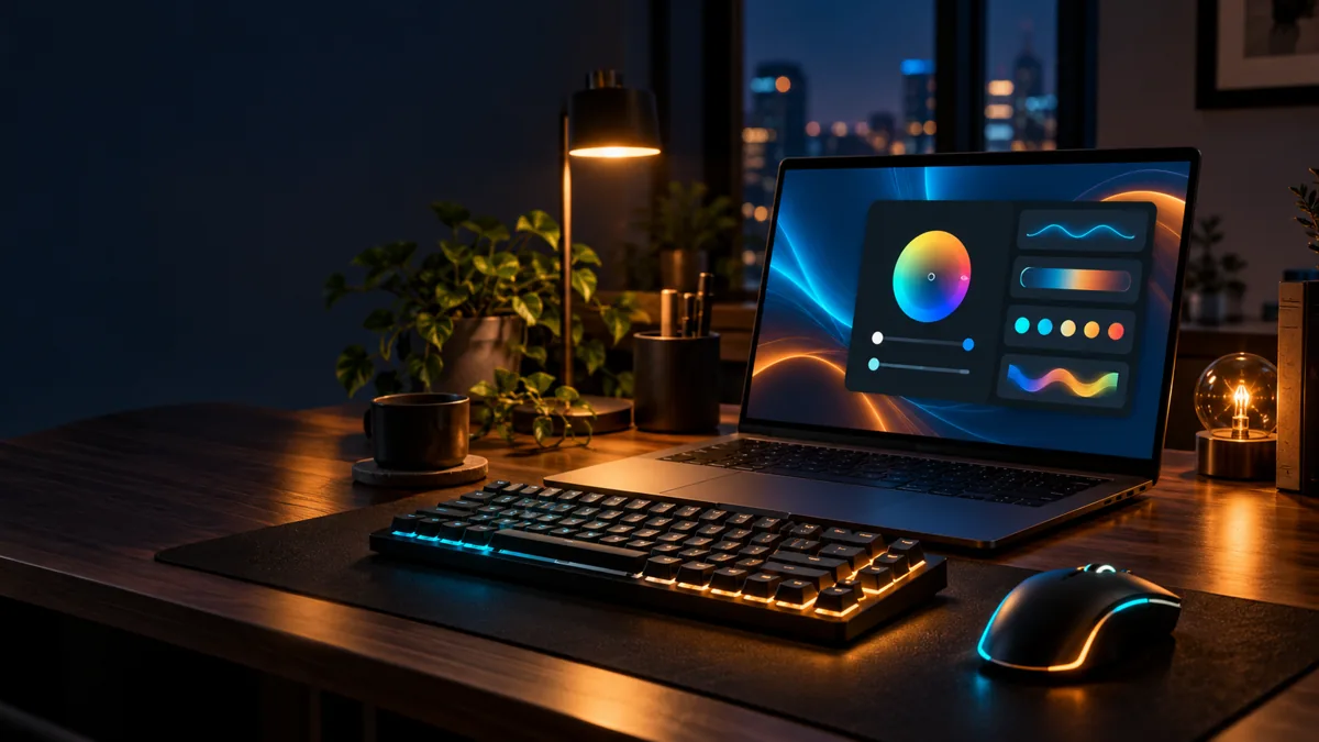 Ảnh AI minh họa laptop với bàn phím và chuột RGB màu xanh cam; không phải giao diện Windows hay thiết bị đã thử