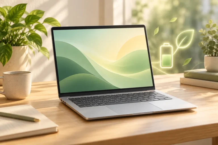 Minh họa AI laptop trên bàn làm việc với biểu tượng pin và chiếc lá trừu tượng