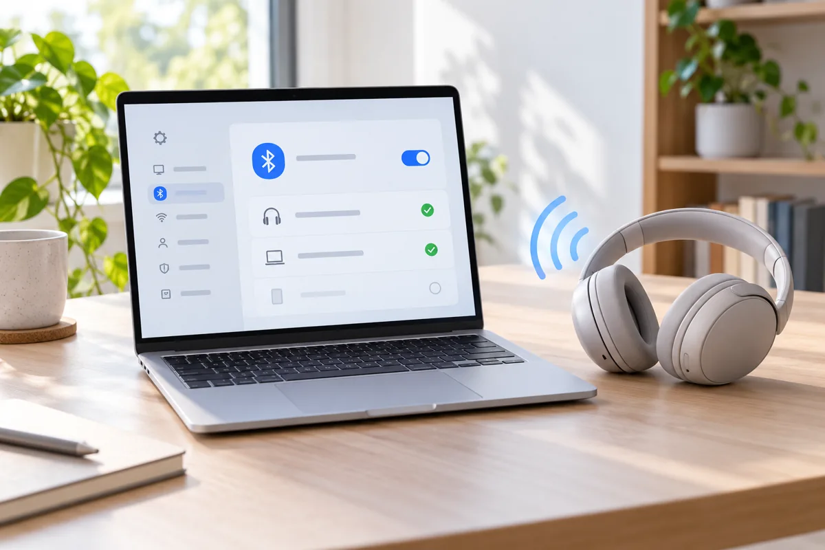Ảnh AI minh họa laptop và tai nghe không dây trên bàn; không phải giao diện Windows hay thiết bị đã thử LE Audio