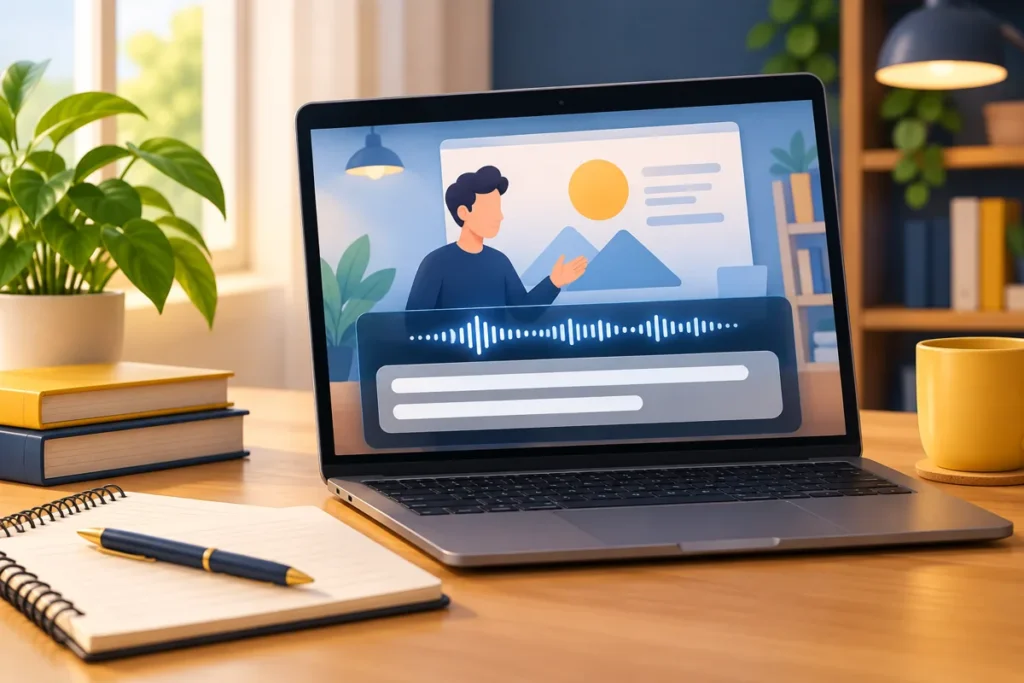 Ảnh AI minh họa laptop phát video bài học với sóng âm và hai dòng phụ đề trừu tượng; không phải giao diện Windows hay phép thử thật