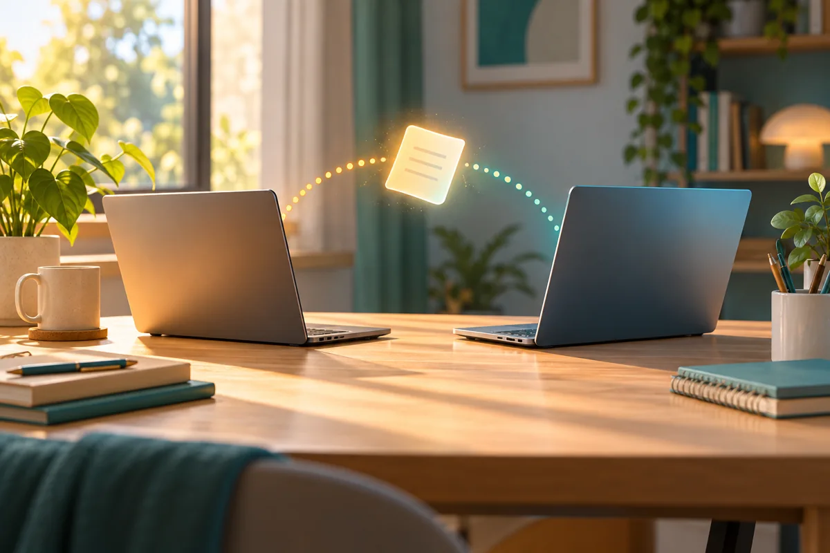 Ảnh AI minh họa hai laptop trao đổi biểu tượng tệp qua kết nối không dây; không phải ảnh giao diện hay phép thử thực tế