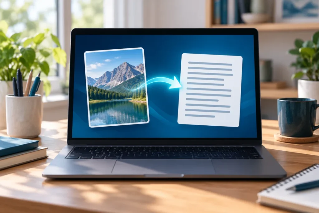 Ảnh AI minh họa laptop chuyển nội dung một ảnh thành ghi chú chữ, không phải ảnh chụp giao diện Windows