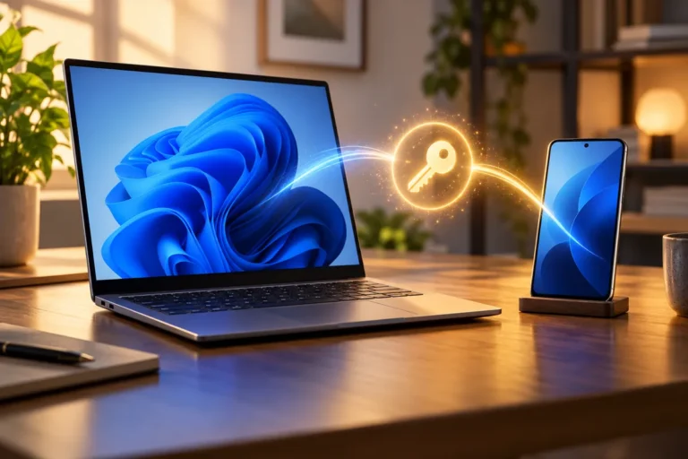 Ảnh AI minh họa laptop, điện thoại và biểu tượng chìa khóa số; không phải giao diện Windows hay thiết bị đã thử