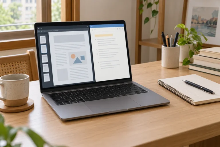Minh họa AI laptop hiển thị hai vùng tài liệu và ghi chú cạnh nhau trên bàn học