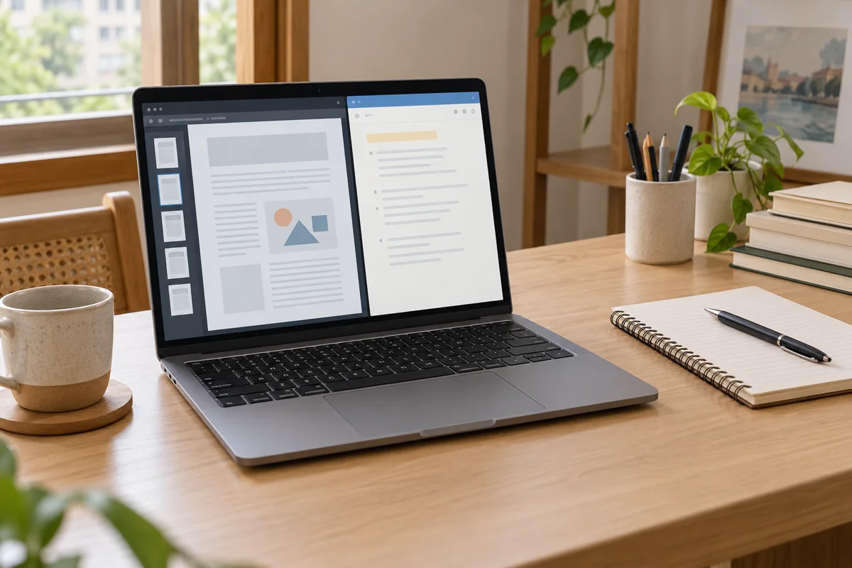 Minh họa AI laptop hiển thị hai vùng tài liệu và ghi chú cạnh nhau trên bàn học