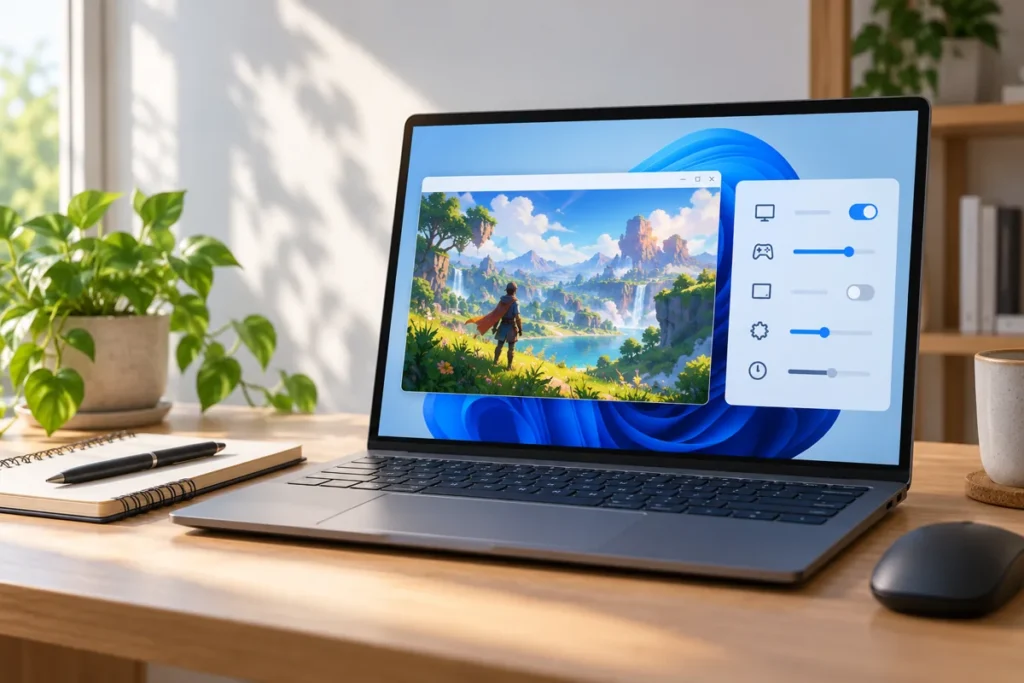 Minh họa AI laptop mở trò chơi ở chế độ cửa sổ cạnh bảng cài đặt đồ họa trừu tượng